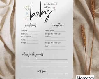 Plantilla de tarjeta de consejos para baby shower con flores silvestres (descarga digital)
