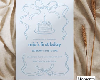 Plantilla de invitación de Canva para primer cumpleaños con lazo azul y pastel
