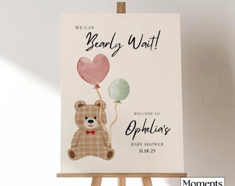 Letrero de bienvenida para baby shower "Podemos esperar", oso de peluche de género neutro para baby shower