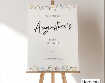 Plantilla de cartel de bienvenida para baby shower con flores silvestres (descarga digital)