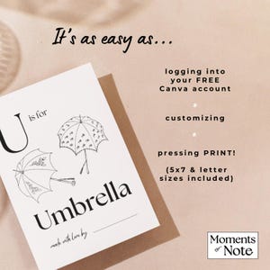 May include: A white card with the word "Umbrella" in a bold font, featuring two umbrella illustrations. The text "U is for" is above the word "Umbrella". The card also includes the text "It's as easy as..." and instructions for printing.