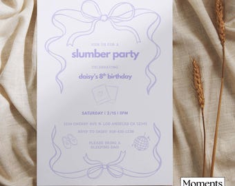 Plantilla de invitación para fiesta de pijamas, color morado, para cumpleaños, pijamada, editable, descarga digital
