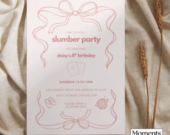 Plantilla de invitación para fiesta de pijamas, fiesta de pijamas de cumpleaños rosa, descarga digital editable