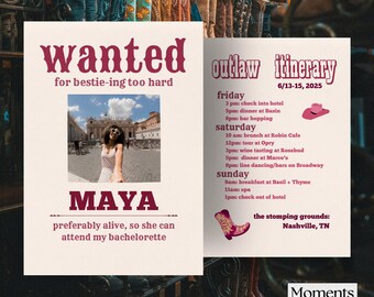 Invitación a despedida de soltera vaquera forajida: Plantilla de itinerario en Nashville (Descarga digital)