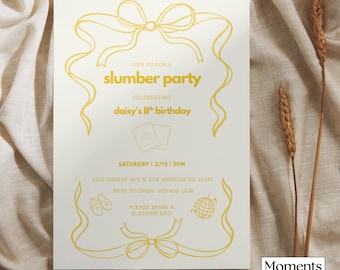 Plantilla de invitación para fiesta de pijamas, color amarillo, para cumpleaños, pijamada, editable, descarga digital