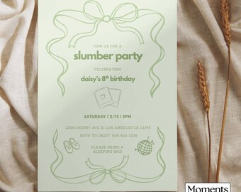 Plantilla de invitación para fiesta de pijamas, cumpleaños verde, pijamada, descarga digital editable