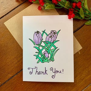 Vibrant Handmade Crocus Spring Floral Greeting Card, Handcrafted, Custom-made, Originally Illustrated & designed. Thank you, Birthday, etc.