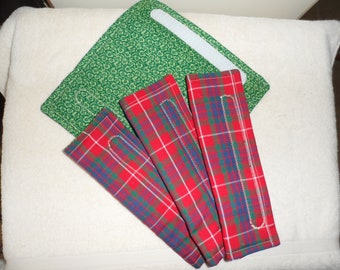 Hand Made Car Seat Belt Cover/Red Tartan Polyester and Green Cotton Print/Neck Comfort Seat Belt Covers/Hook & Loop Closure/Reversible