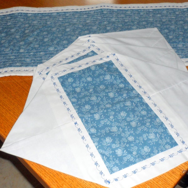 TABLE RUNNER n PLACEMATS Set Blue & White Set - Quilted - Pennsylvania Blue - Kona White - 100% Cotton - Embroidered Edges