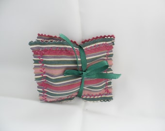 ORGANIC LAVENDER SACHETS/Enclosed in a 100% Cotton Distinctive  Striped Fabric/Colored Hunter Green with Mauve-Pink & White