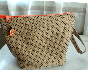 COSMETIC BAG/Quilted Cotton Polka Dot Fabric/Machine Quilted Cotton Fabric Ditty Bag/Large Easy Glide Zipper/Colorful Orangy Interior