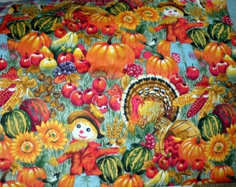 Vintage Cute Harvest/Thanksgiving/Halloween 100% Cotton Fabric /Scarecrows/Pumpkins/Fall Harvest Vegetables/Turkeys/Manufacturer Unknown
