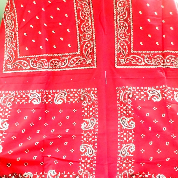DESTASH of Vintage 1970s Red Bandana Panels/Lightweight Floral Stamped Print/International Fabric but made in the USA/Red & WhiteMade in USA