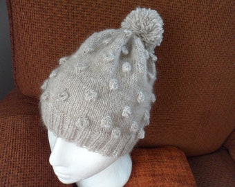 HAND KNITTED Ladies-Teens Hat/Bobble Hat Stitch/75% Acrylic 20 Mohair & 5 Wool/Winter Head Gear/Tan Colored Winter Headgear/Hand Knitted Hat