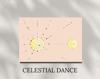 Impressão de arte de parede de dança celestial – pôster geométrico de sol e lua – A5 A4 A3 sem moldura para decoração de casa