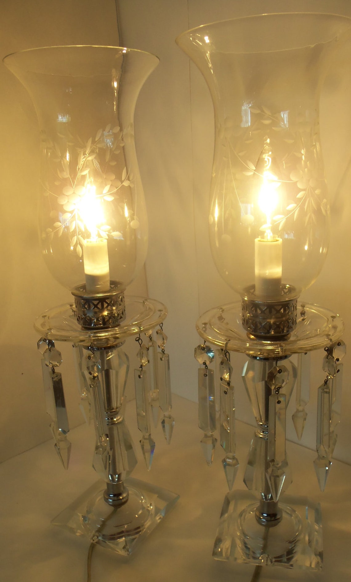 Beautiful Vintage Crystal Hurricane Lamps With Hanging Prisms Etsy