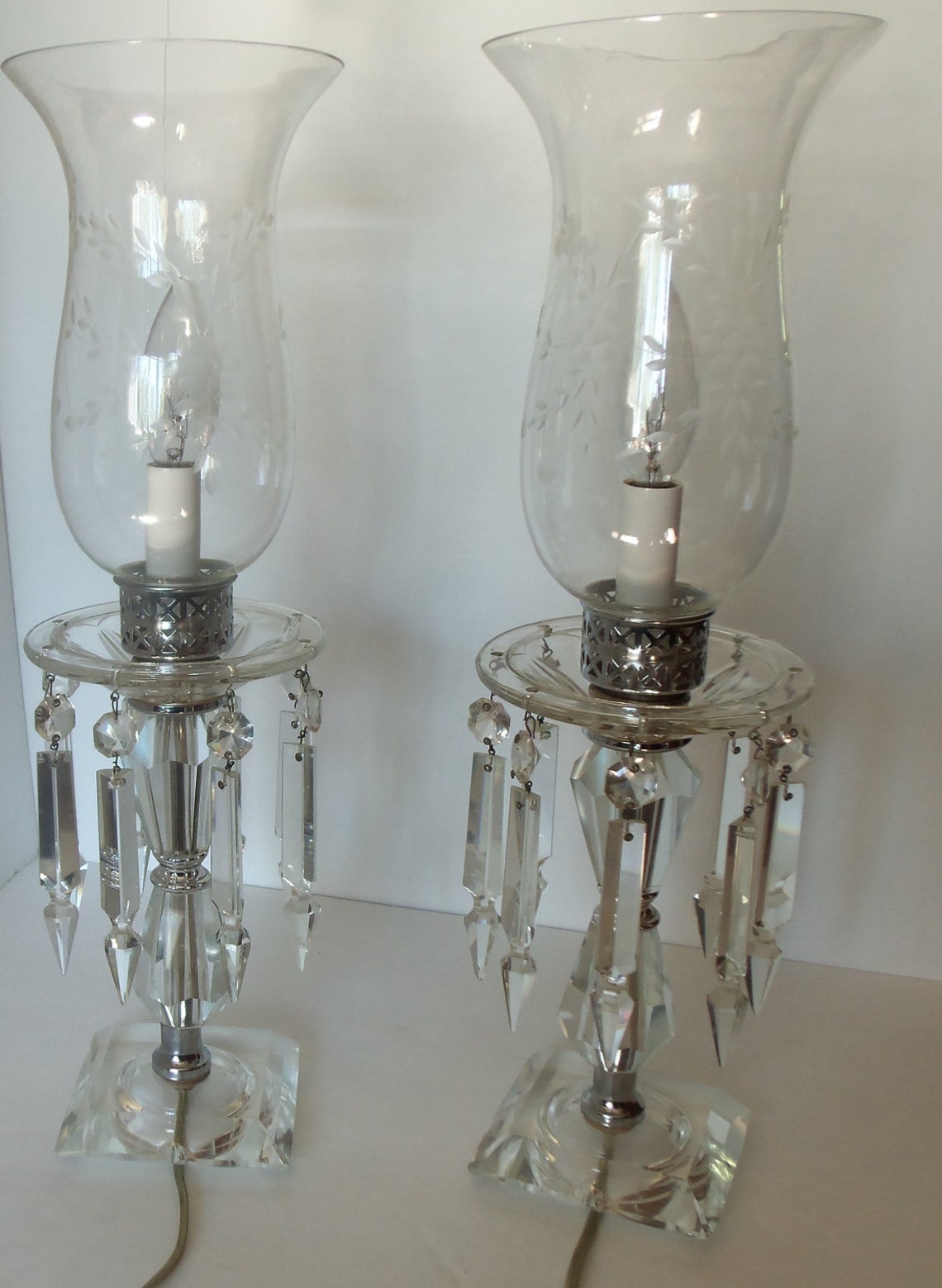 Beautiful Vintage Crystal Hurricane Lamps with Hanging Prisms Etsy