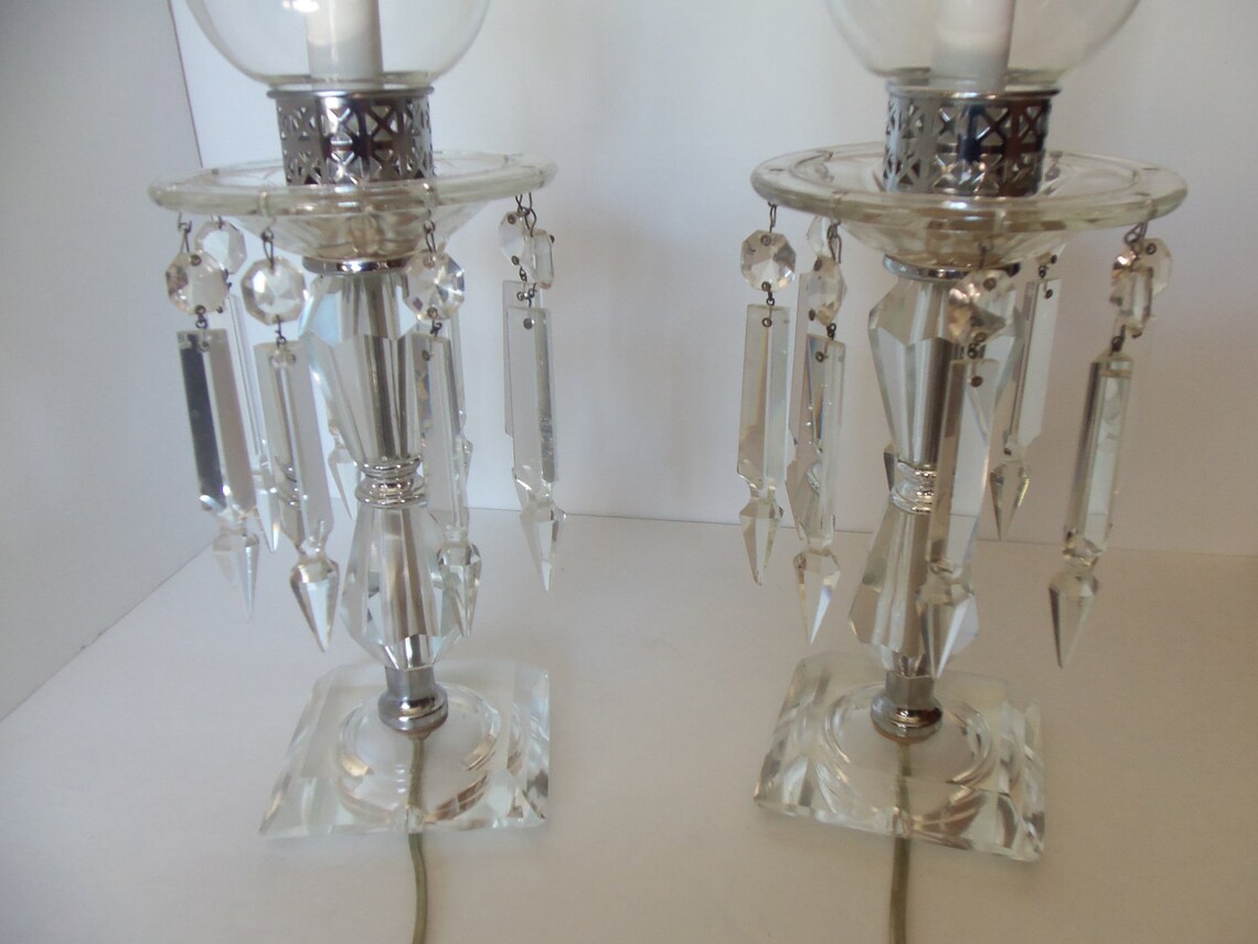 Beautiful Vintage Crystal Hurricane Lamps with Hanging Prisms Etsy