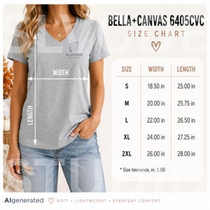 May include: A grey V-neck t-shirt with a size chart titled BELLA+CANVAS 6405CVC. The chart lists sizes S through 2XL with corresponding width and length measurements in inches. Arrows indicate how to measure the width and length of the shirt.