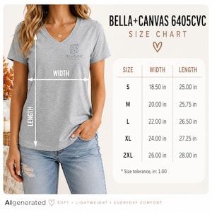 May include: A heather grey V-neck t-shirt with a Bella+Canvas 6405CVC size chart. The chart lists widths and lengths in inches for sizes S through 2XL, ranging from 18.50 to 26.00 inches in width and 25.00 to 28.00 inches in length with a 1.00 inch tolerance.