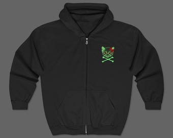 Zombie Cat Zip Up Hoodie - Vampire Kitty Colorful Long Sleeved shirt - Scene Emo CrossBones Shirt - 2000's Edgy Fashion Shirt