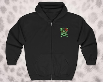 Zombie Cat Zip Up Hoodie - Vampire Kitty Colorful Long Sleeved shirt - Scene Emo CrossBones Shirt - 2000's Edgy Fashion Shirt