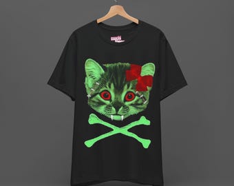 Zombie Cat Tee - Vampire Kitty Colorful Tshirt - Scene Emo CrossBones Shirt - 2000's Edgy Fashion Shirt