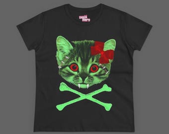 Slim Fit Size Zombie Cat Tee - Vampire Kitty Colorful Tshirt - Scene Emo CrossBones Shirt - 2000's Edgy Fashion Shirt