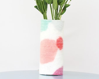 Tall 100% Wool Wrapped Glass Vase in Pink and Aqua Tones, Modern Abstract Vase, Felted Wool and Up-cycled Glass Decor Piece, Spring Vase