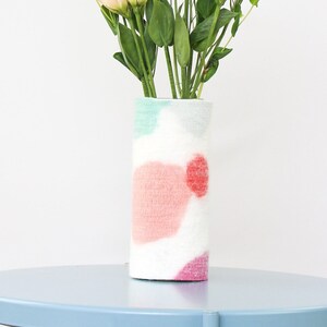 Tall 100% Wool Wrapped Glass Vase in Pink and Aqua Tones, Modern Abstract Vase, Felted Wool and Up-cycled Glass Decor Piece, Spring Vase image 1