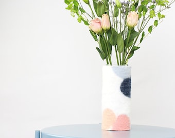 Tall 100% Wool Wrapped Glass Vase in Pink and Blue Tones, Modern Abstract Vase, Felted Wool and Up-cycled Glass Decor Piece, Spring Vase