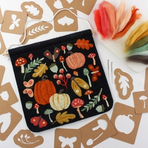 12x12 inch Fall Decor Felting Kit, Black Wool Felt with Vibrant Autumn Foliage, DIY Sign Craft, Felted Moths, Mushrooms, Pumpkins, & Leaves image 1