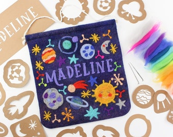 Space Kids Name Sign Kit, Fun Needle Felting Project, DIY Planets, Rocket Ship, Galaxy Wall Hanging Craft, Cute and Colorful Bedroom Banner