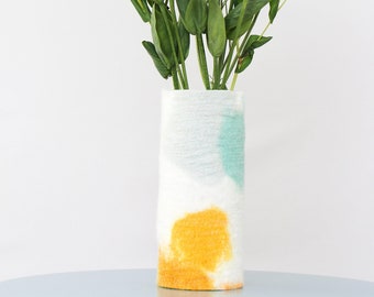 Tall 100% Wool Wrapped Glass Vase in Orange and Aqua Tones, Modern Abstract Vase, Felted Wool and Up-cycled Glass Decor Piece, Spring Vase