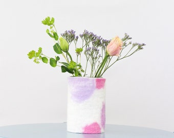 Medium 100% Wool Wrapped Glass Vase in Purple Tones, Unique Spring Flower Vase, Felted Wool and Up-cycled Glass Design Piece