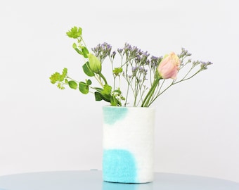 Flower Vase, Medium 100% Wool Wrapped Glass Vase in Aqua Teal Tones, Unique Spring Vase, Felted Wool and Up-cycled Glass Design Piece