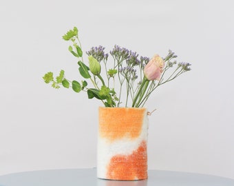 Medium 100% Wool Wrapped Glass Vase in Orange Tones, Modern Abstract Flower Vase, Felted Wool and Up-cycled Glass Design Piece, Spring Decor