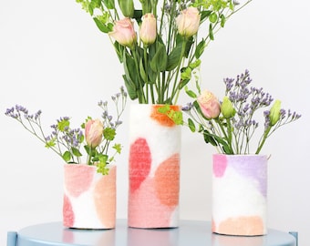 Set of Three 100% Wool Wrapped Glass Vases, Modern Abstract Design Pieces, Felted Wool and Up-cycled Glass Vessels, Pretty Spring Vases