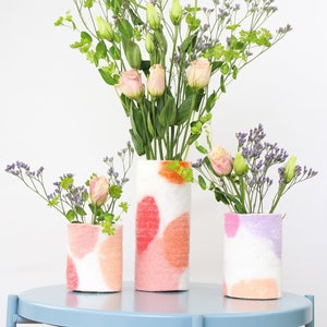 Set of Three 100% Wool Wrapped Glass Vases, Modern Abstract Design Pieces, Felted Wool and Up-cycled Glass Vessels, Pretty Spring Vases image 1