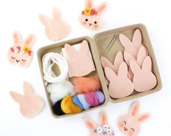 Cute Bunny Felting Kit, DIY Felt Flower Crown Bunnies, Simple Felting Craft, Sweet Bunny DIY Decorations