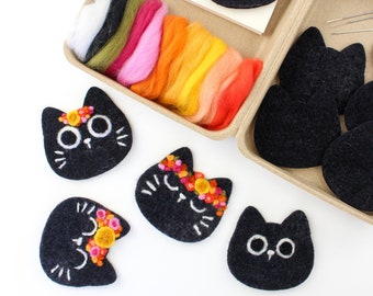 Cute Black Cat Felting Kit, DIY Felt Fall Flower Crown Kitties, Kid Friendly Felting Craft, Halloween Cat DIY Decorations