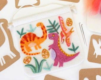 8x8 inch Dinosaur Theme Wall Hanging Felting Kit, Wool Felt Sign with Simple DIY Felted Dinos, Volcano, Trees, Plants, Cute Kids Room Craft