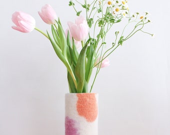 Tall 100% Wool Wrapped Glass Vase in Pink and Purple Tones, Modern Abstract Vase, Felted Wool and Up-cycled Glass Decor Piece, Spring Vase