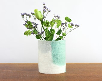 Small 100% Wool Wrapped Glass Vase in Aqua and Teal Tones, Modern Abstract Bud Vase, Felted Wool & Up-cycled Glass Decor Piece, Spring Vase