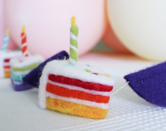 Felted Birthday Cake Garland With Deep Purple Scallop, Rainbow Birthday Party Decoration, Party Backdrop