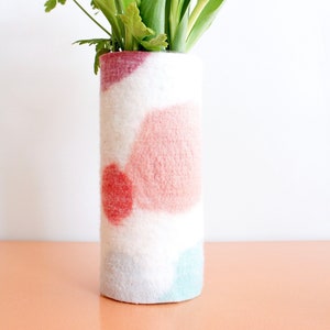 Tall 100% Wool Wrapped Glass Vase in Pink and Aqua Tones, Modern Abstract Vase, Felted Wool and Up-cycled Glass Decor Piece, Spring Vase image 8