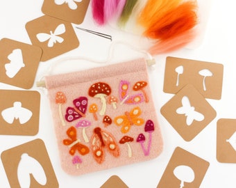 Fall Felted Wall Hanging Kit: DIY Autumn Foliage, Moths, Mushrooms (Pink 8x8 inch)