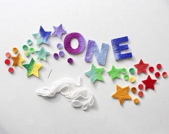 DIY Felt First Birthday Garland, Rainbow Wool Felt Letters ONE, Stars, & Wood Bead Birthday Decoration Kit, Colorful One Year Bday Backdrop