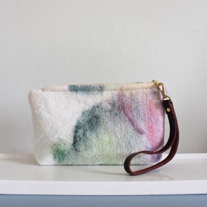 Wool Clutch, felted wool clutch, small purse, watercolor design, Leather wrist strap