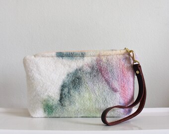 Wool Clutch, felted wool clutch, small purse, watercolor design, Leather wrist strap